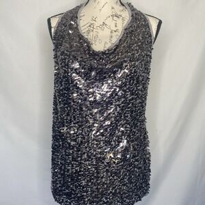DS By Debbie Shuchat Silver Sequin Party Tank Top Button Neck Women's Size‎ M